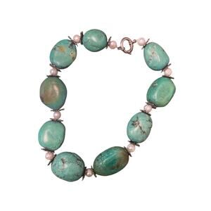 Artisan‎ Turquois & Freshwater Pearls and Sterling Necklace 15 & 1/4 inches